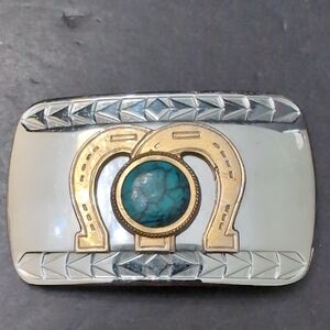 VGT, Double Horseshoe Gold/Silver Toned Metal with Turquoise Stone Belt Buckle.